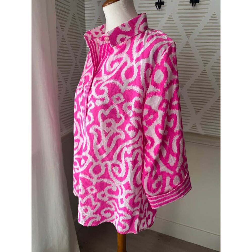 Gretchen Scott Women’s Large Pink Arabesque Ikat Print Boyfriend Shirt - Picture 3 of 8